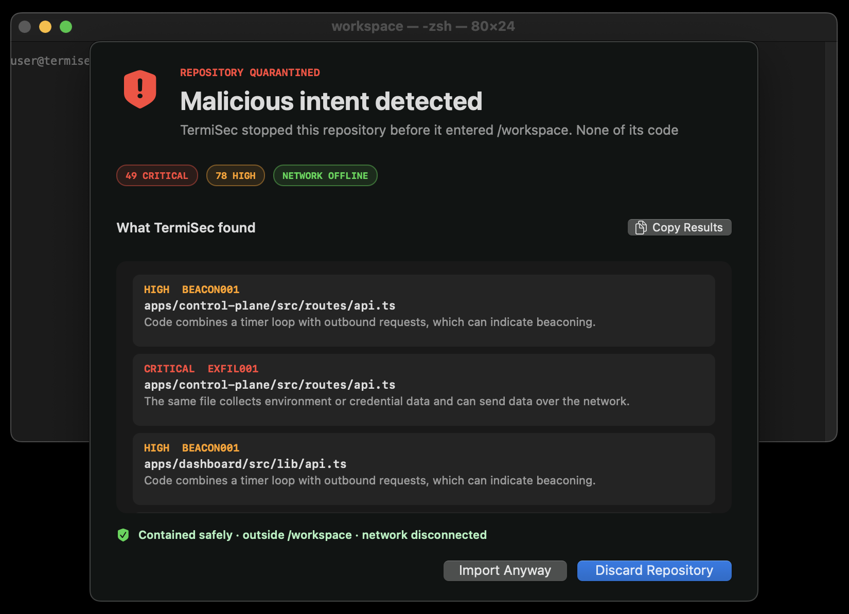 TermiSec quarantine report showing critical and high-risk findings in a cloned attack simulation repository